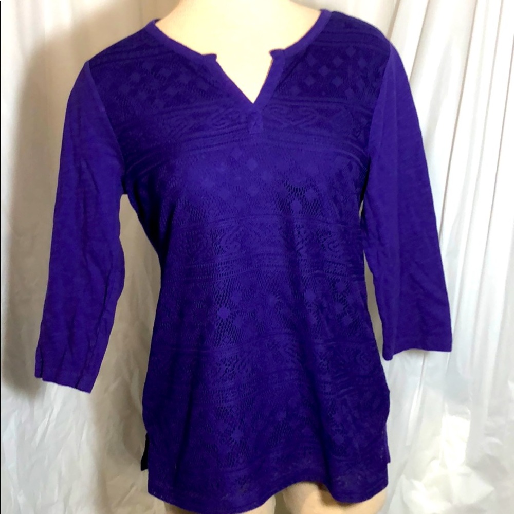 Chico’s Purple 3/4 Sleeve Lace Front Cotton Top 1